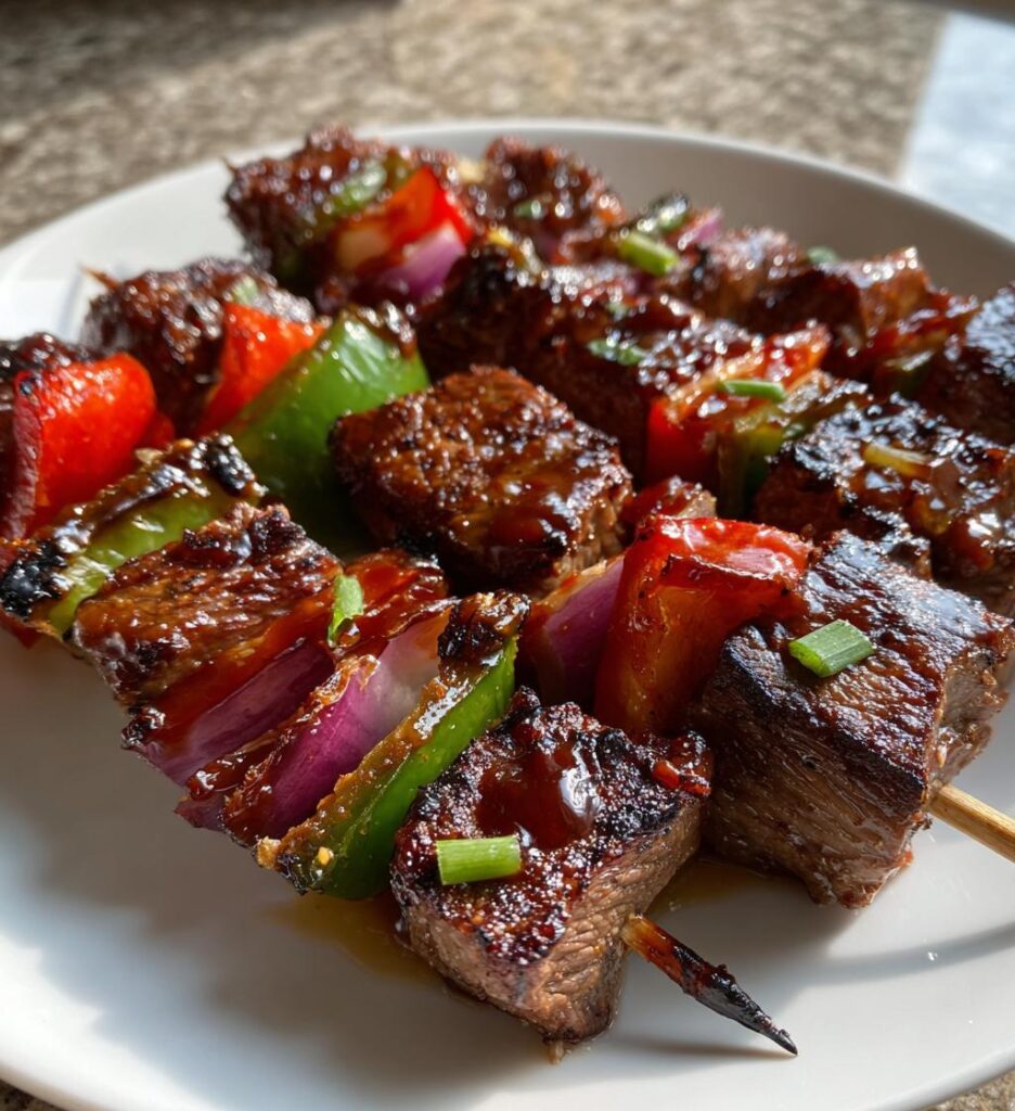 Grillade nötköttsspett med barbecue-sås