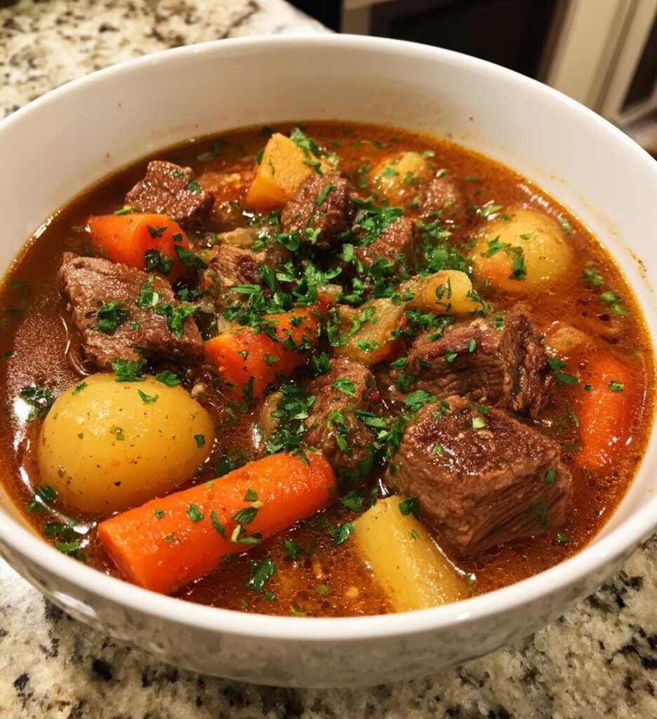 Långkokt nötköttsgryta med grönsaker