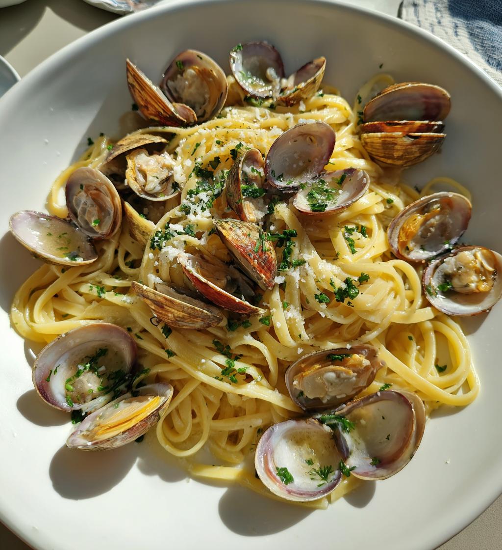 Pasta med musslor i vitvinssås