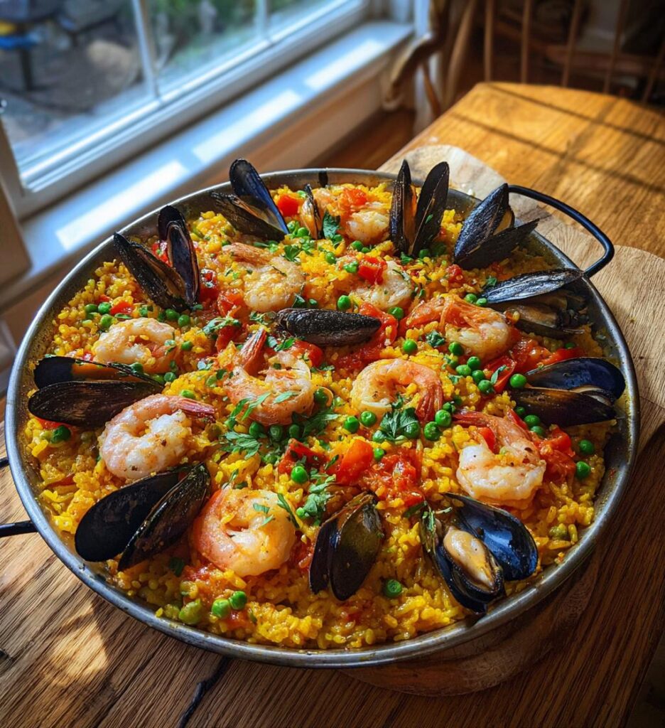 Skaldjurspaella med musslor och räkor