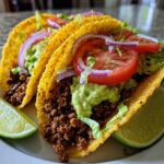 Krispiga nötköttstacos med avokadokräm och lime