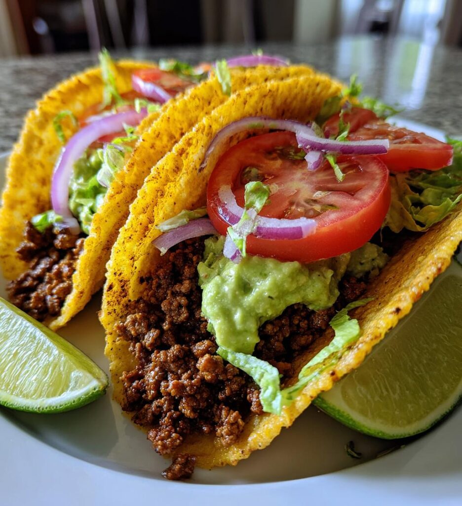 Krispiga nötköttstacos med avokadokräm och lime