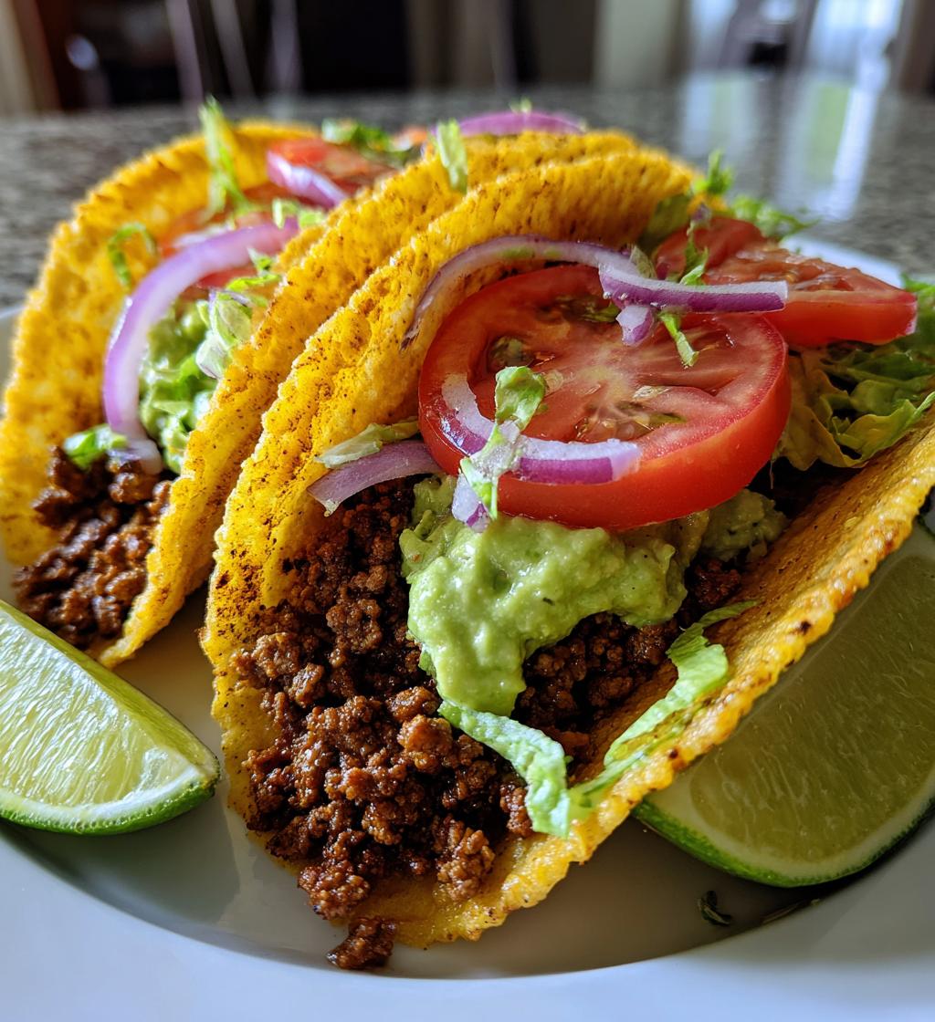 Krispiga nötköttstacos med avokadokräm och lime